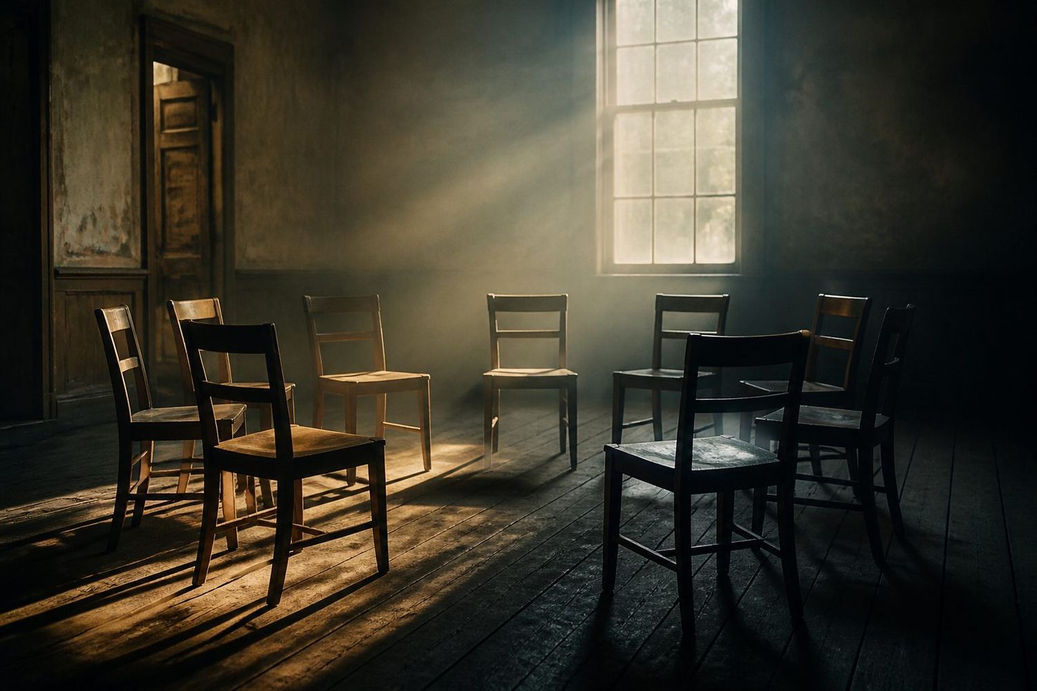 An empty circle of chairs in a bare room