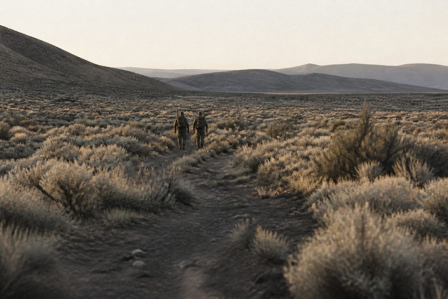 Two figures walking a desert trail at dawn